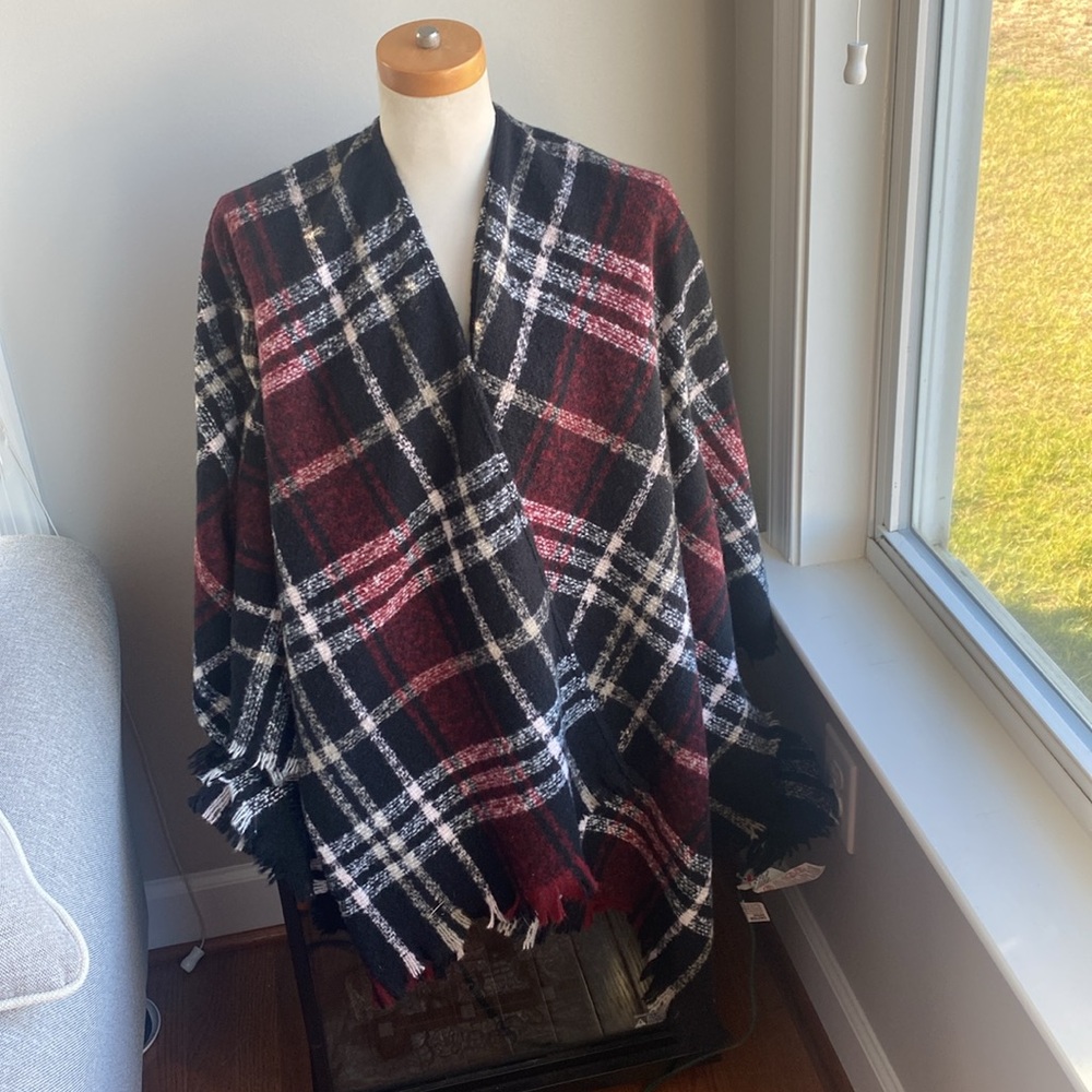 Burgundy black white & gray plaid Shawl wrap One Size